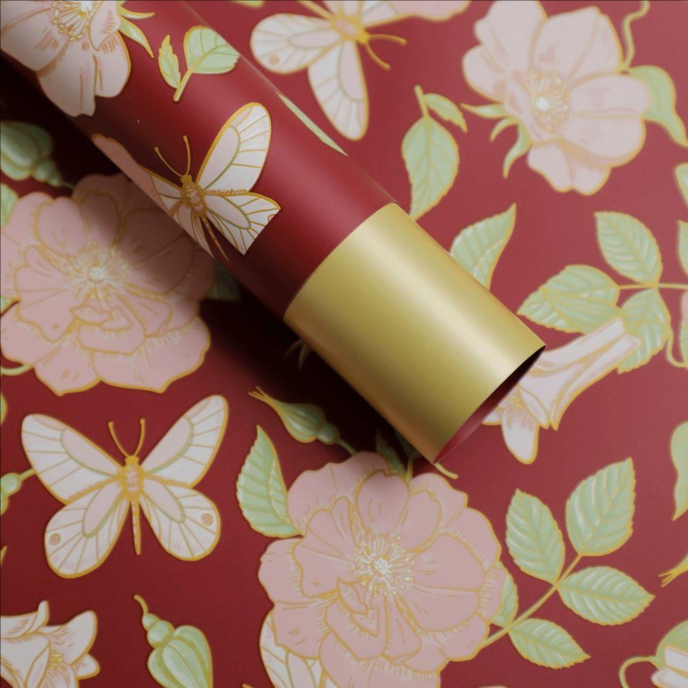 MYHC-76 Goldkantiges Geschenkpapier mit Vintage-Kamelienmuster, Perlglanzfolie und Blumen