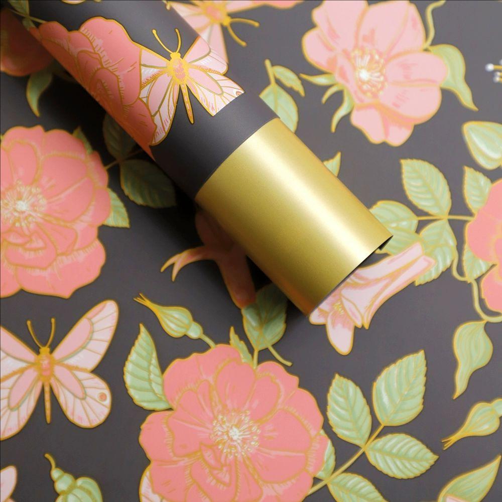 MYHC-76 Goldkantiges Geschenkpapier mit Vintage-Kamelienmuster, Perlglanzfolie und Blumen