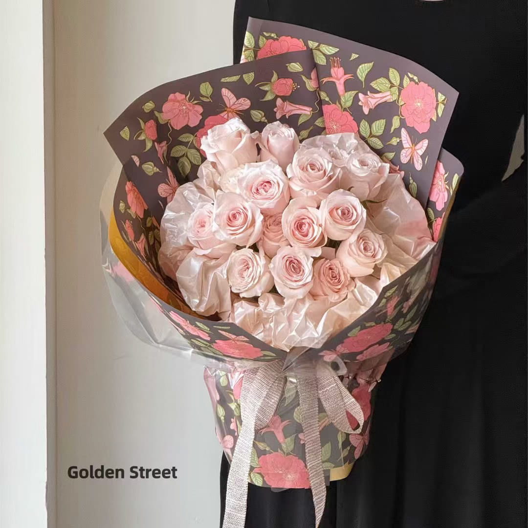 MYHC-76 Goldkantiges Geschenkpapier mit Vintage-Kamelienmuster, Perlglanzfolie und Blumen