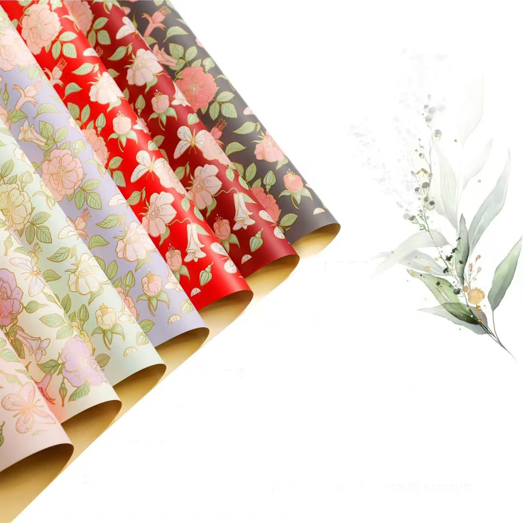 MYHC-76 Goldkantiges Geschenkpapier mit Vintage-Kamelienmuster, Perlglanzfolie und Blumen
