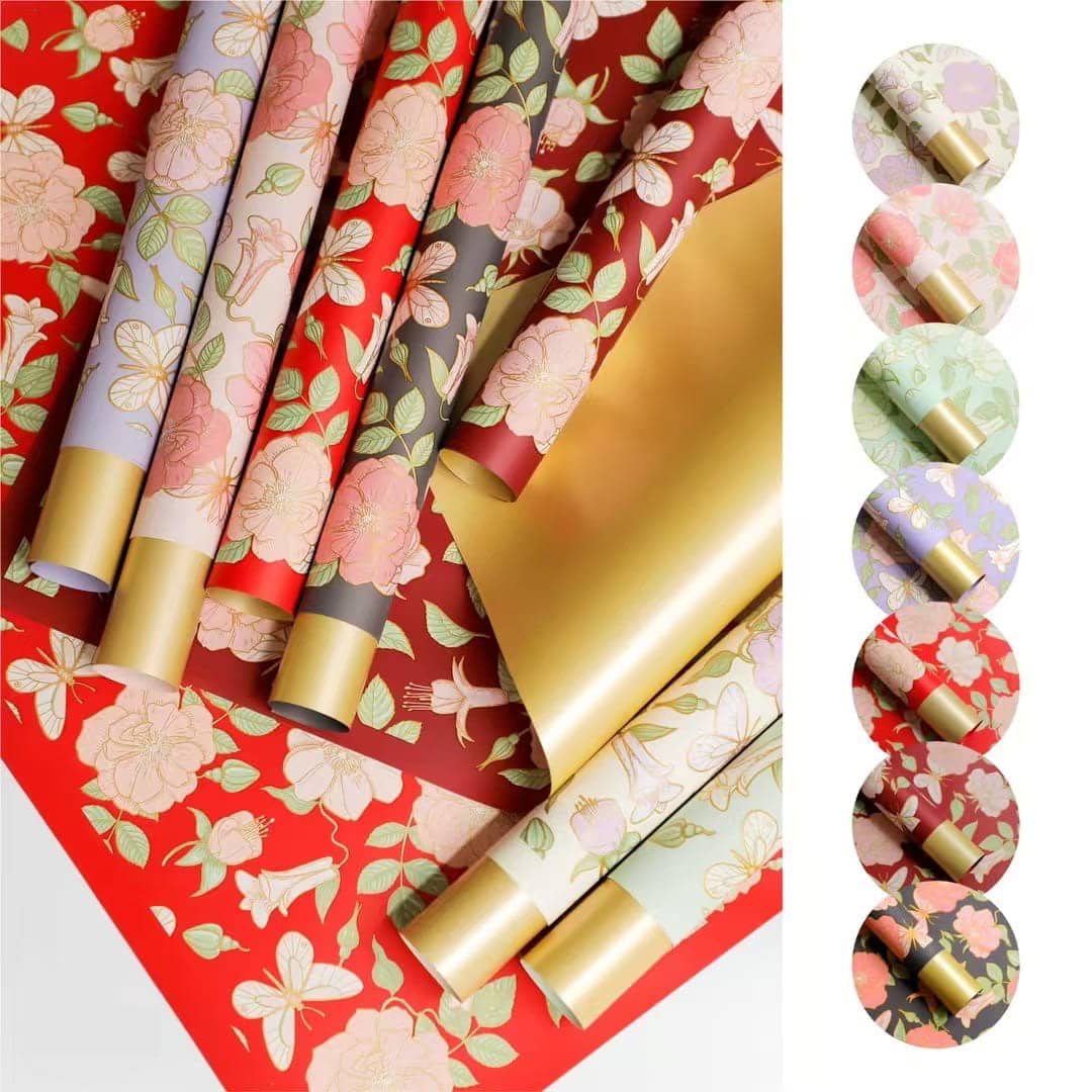 MYHC-76 Goldkantiges Geschenkpapier mit Vintage-Kamelienmuster, Perlglanzfolie und Blumen