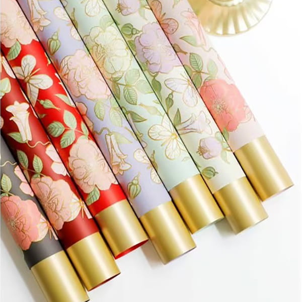 MYHC-76 Goldkantiges Geschenkpapier mit Vintage-Kamelienmuster, Perlglanzfolie und Blumen