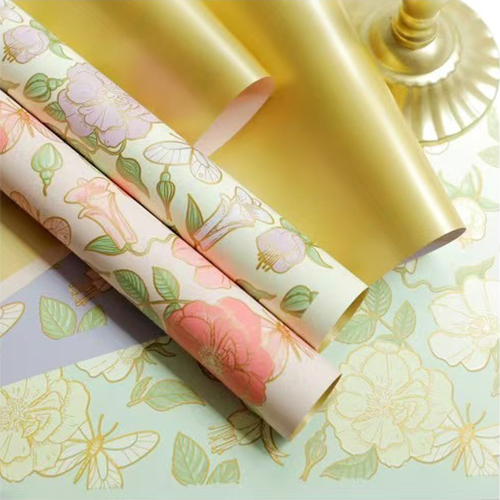 MYHC-76 Goldkantiges Geschenkpapier mit Vintage-Kamelienmuster, Perlglanzfolie und Blumen