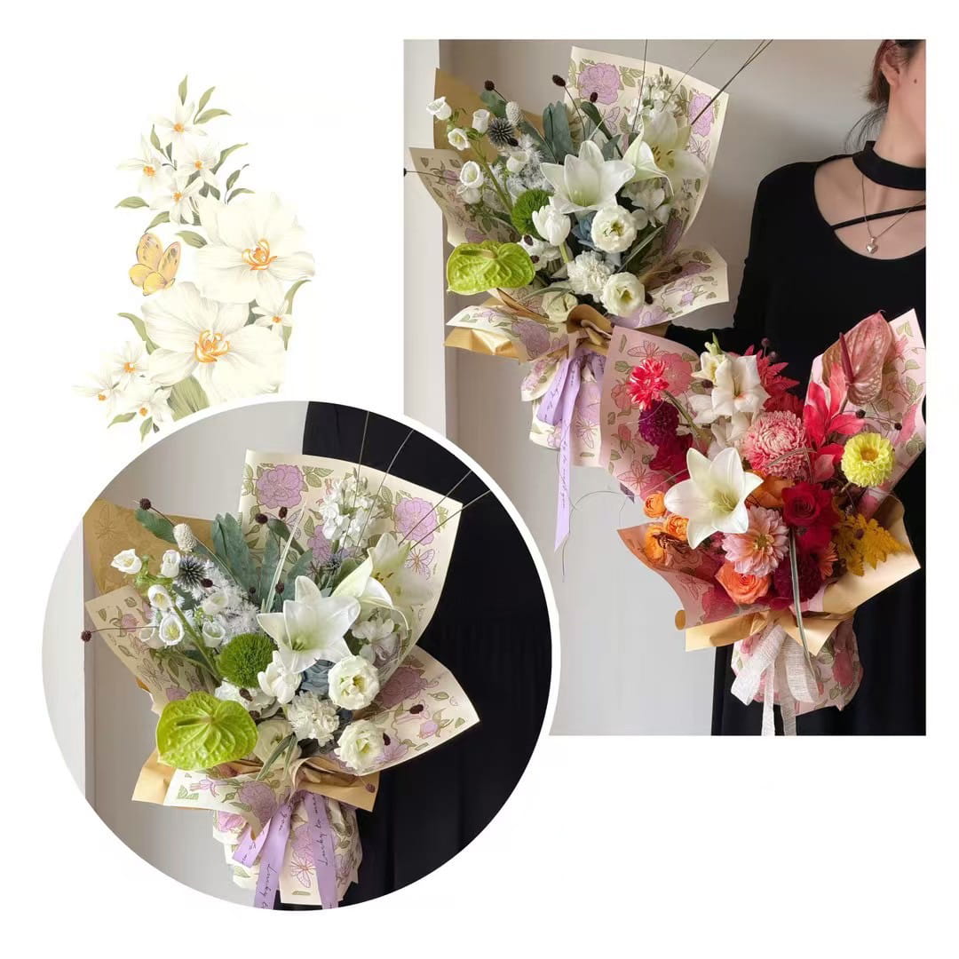MYHC-76 Goldkantiges Geschenkpapier mit Vintage-Kamelienmuster, Perlglanzfolie und Blumen