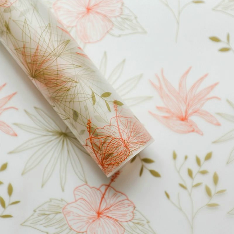 MYHC-80 Geschenkpapier mit einfachen Pflanzenlinien, transparenter Folie, Blumen