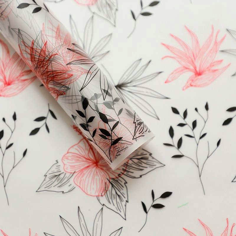 MYHC-80 Geschenkpapier mit einfachen Pflanzenlinien, transparenter Folie, Blumen