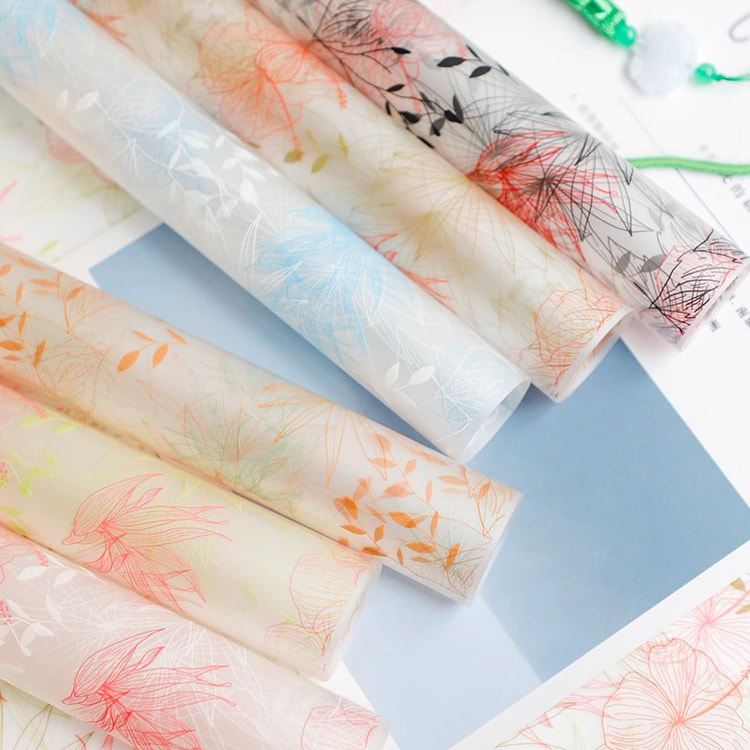 MYHC-80 Geschenkpapier mit einfachen Pflanzenlinien, transparenter Folie, Blumen