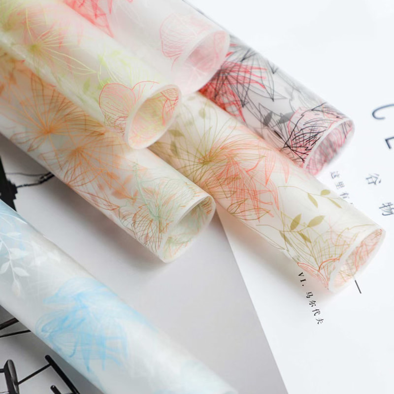 MYHC-80 Geschenkpapier mit einfachen Pflanzenlinien, transparenter Folie, Blumen